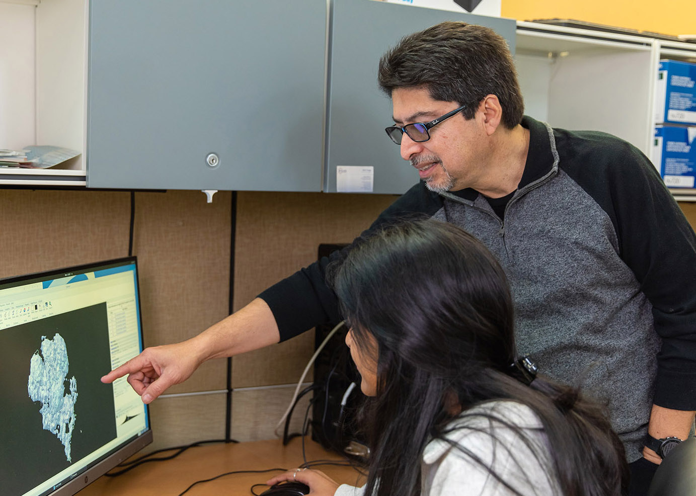 Professor instructing student on computer