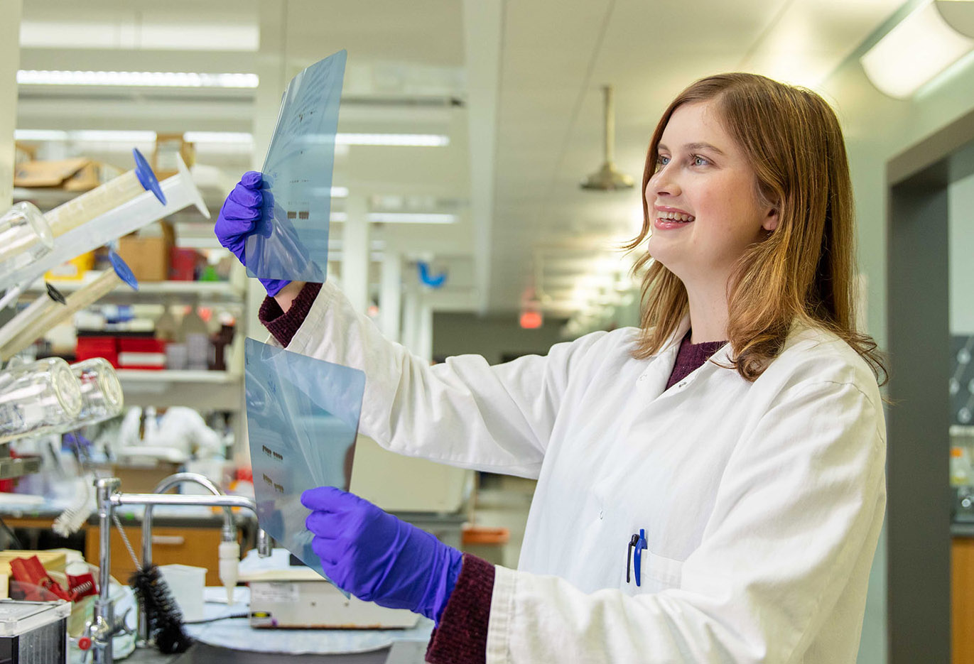 Researcher examining slides